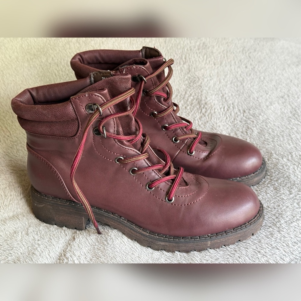Maurices Maroon Combat Boots with Sturdy Stitching
